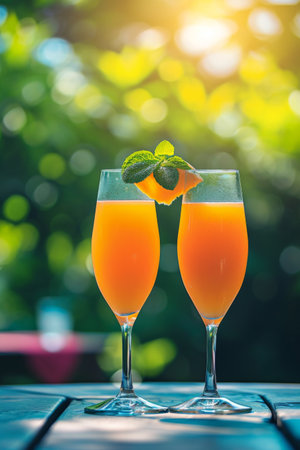 Two Glasses of Orange Juice on a Table, Refreshing Drink for Twoの素材