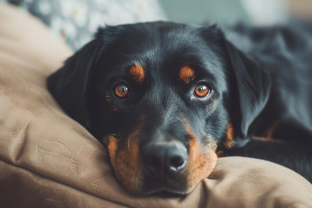 This close-up photo captures a dog comfortably relaxing on a couch.の素材