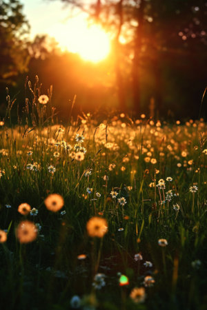 Sun Setting Over Dandelion-Filled Fieldの素材