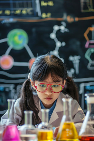 Little Girl Wearing Glasses in Front of Blackboardの素材