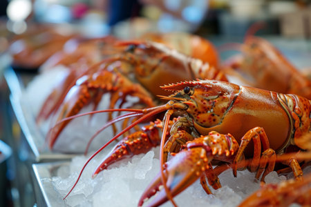 A group of lobsters gathered on a bed of ice, showing their vibrant shells and distinct features.の素材