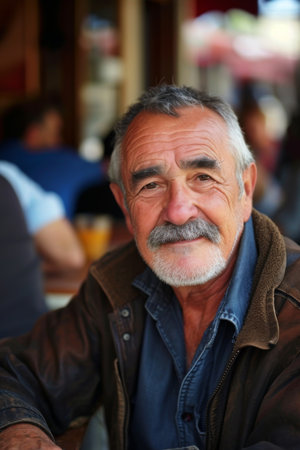 Mustached Man Sitting at Tableの素材