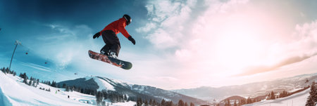 Man Flying Through Air Riding Snowboard, Action Shot Captured in Mid-Airの素材