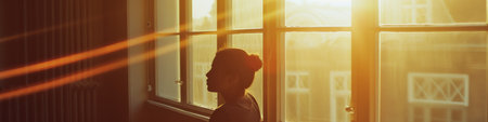 Person Looking Out of a Window at the Sunの素材