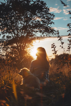 Woman Sitting in Field Next to Dogの素材