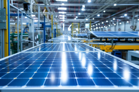 A modern factory showing a production line with a conveyor belt and rows of solar panels.の素材