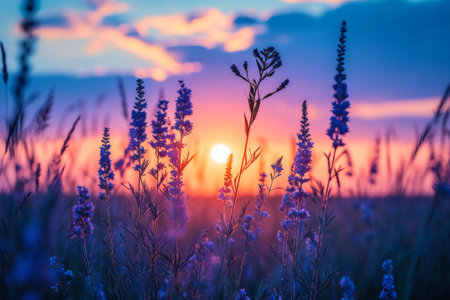 Sun Setting Over Field of Flowers in Beautiful Natural Landscapeの素材
