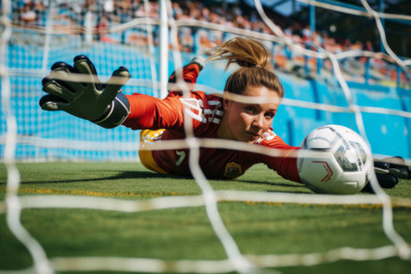 A professional female soccer player energetically dives towards the ball during a game.の素材