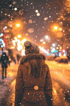 Woman Walks Down Snowy Street in Winter Sceneの素材
