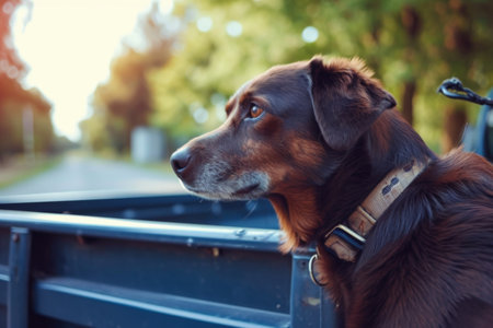 Dog Sitting in Back of Truck, Canine Poses Relaxing Amidst Scenic Surroundingsの素材