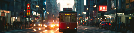 A Red Trolley Car Driving Down a City Streetの素材