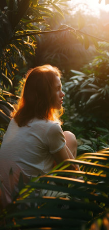 A woman sitting in the jungle surrounded by lush greenery and dense vegetation.の素材