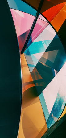 This photograph captures a detailed close-up of a stunning multicolored glass window, showing surreal shapes and colors.の素材