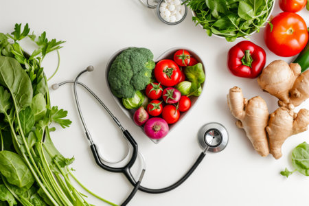 Stethoscope and Various Vegetables on a White Surfaceの素材