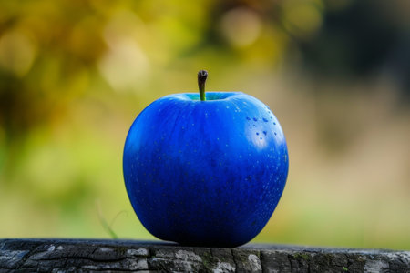 A blue apple sits on top of a wooden table.の素材