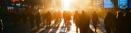 Group of People Walking Down a Street at Sunsetの素材