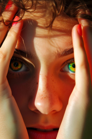 A woman raising her hands and gently pressing them against her cheeks.の素材