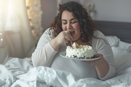 Woman Sitting on Bed Eating Piece of Cakeの素材