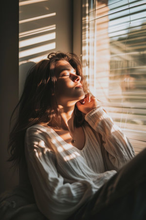 Woman Sitting in Front of Windowの素材