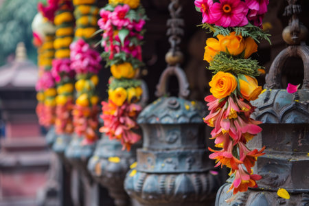 A row of bells adorned with flowers hanging gracefully in the breeze.の素材