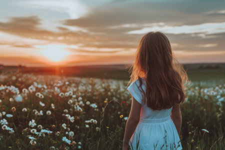 Girl Standing in Flower Field Watching Sunsetの素材