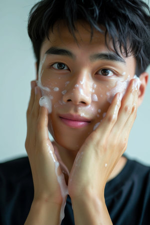 Man Holding Face With Creamの素材