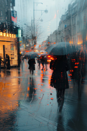 Woman Walking Down Street Holding Umbrellaの素材