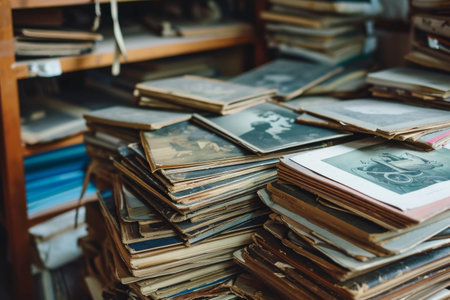 Large Stack of Old Books on Table, Vintage Library Collectionの素材