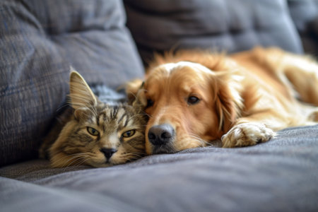 Dog and Cat Laying on Couch Together, Comfortable and Relaxedの素材