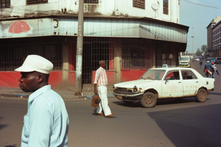A Man Walking Across a Street Next to a White Carの素材