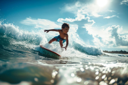 Young Boy Riding Wave on Surfboardの素材