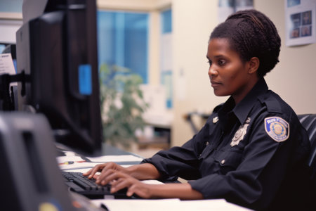 Woman Police Officer Sitting at a Computerの素材