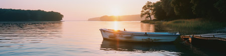 Boat Resting on Lake Beside Forestの素材