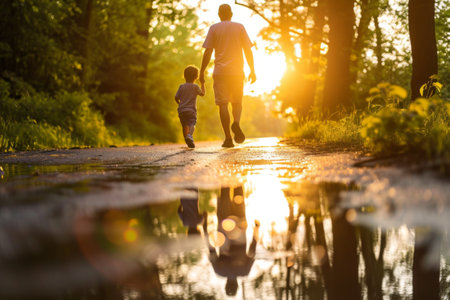 Man and Child Walking Down Path, A Peaceful Stroll Amidst Natureの素材