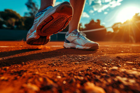 Person Walking on Tennis Court at Sunset, Healthy Activity in Beautiful Outdoor Settingの素材