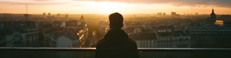 Person Standing in Front of Window Overlooking Cityの素材