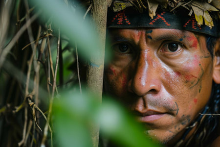 Man in Native American Headdress Staring at Cameraの素材