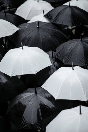 Large Group of Black and White Umbrellas Creating a Striking Visual Contrastの素材