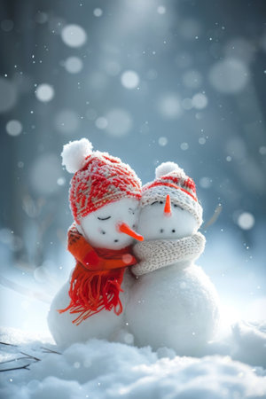 Snowmen Embrace in Whimsical Winter Scene, Creating a Heartwarming Display of Affectionの素材