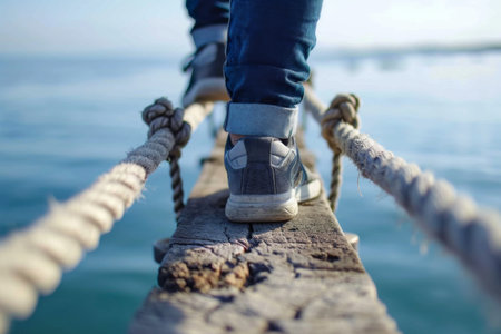 Person Walking Across Rope Bridge Over Waterの素材