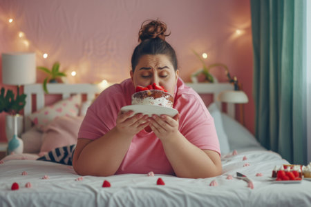 Woman Sitting on Bed Holding Plate with Cakeの素材