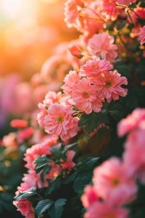 Field of Pink Flowers Scattered Across Green Grass On a Bright Sunny Dayの素材