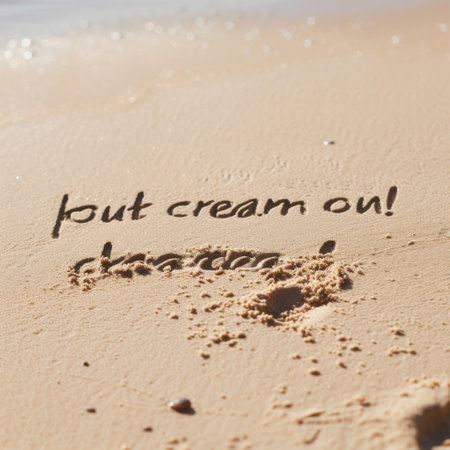 A text message written in the sand on a beach.の素材