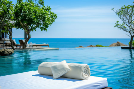 Bed Sitting on Top of Pool Next to Oceanの素材