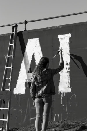 Woman Painting Letters on Wall, Creative Expression in Progressの素材