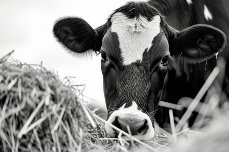 Cow Eating Hay, A Captivating Black and White Snapshot of Farm Lifeの素材