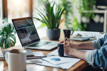 Man Sitting at Table With Laptop Working on a Projectの素材