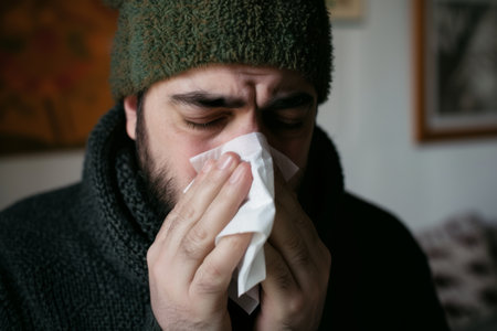 Man Wearing Green Hat and Scarf Blowing His Noseの素材