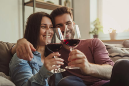 Man and Woman Sitting on a Couch Holding Wine Glassesの素材