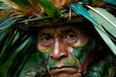 Man With Painted Face and Feathers on His Headの素材